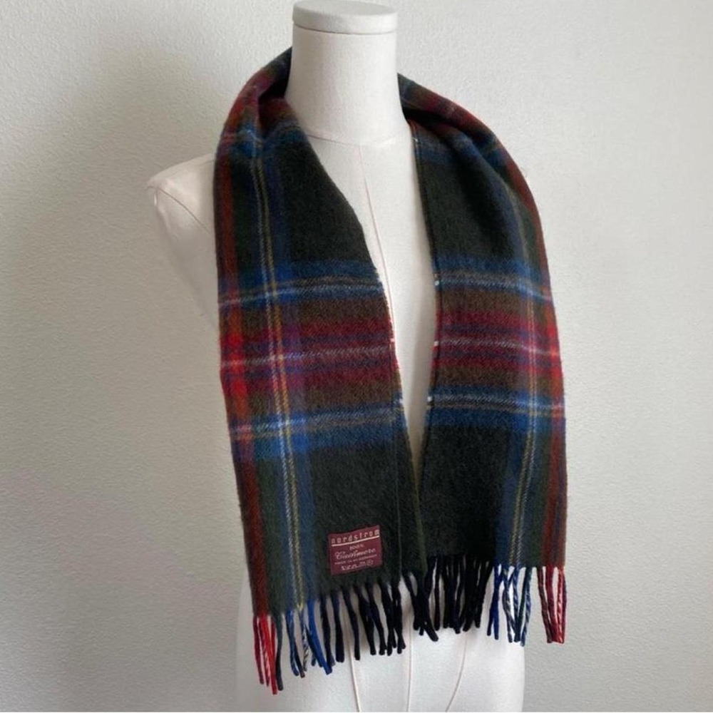 Vintage Nordstrom Cashmere Green and Red Fringe Plaid Scarf Made in Germany